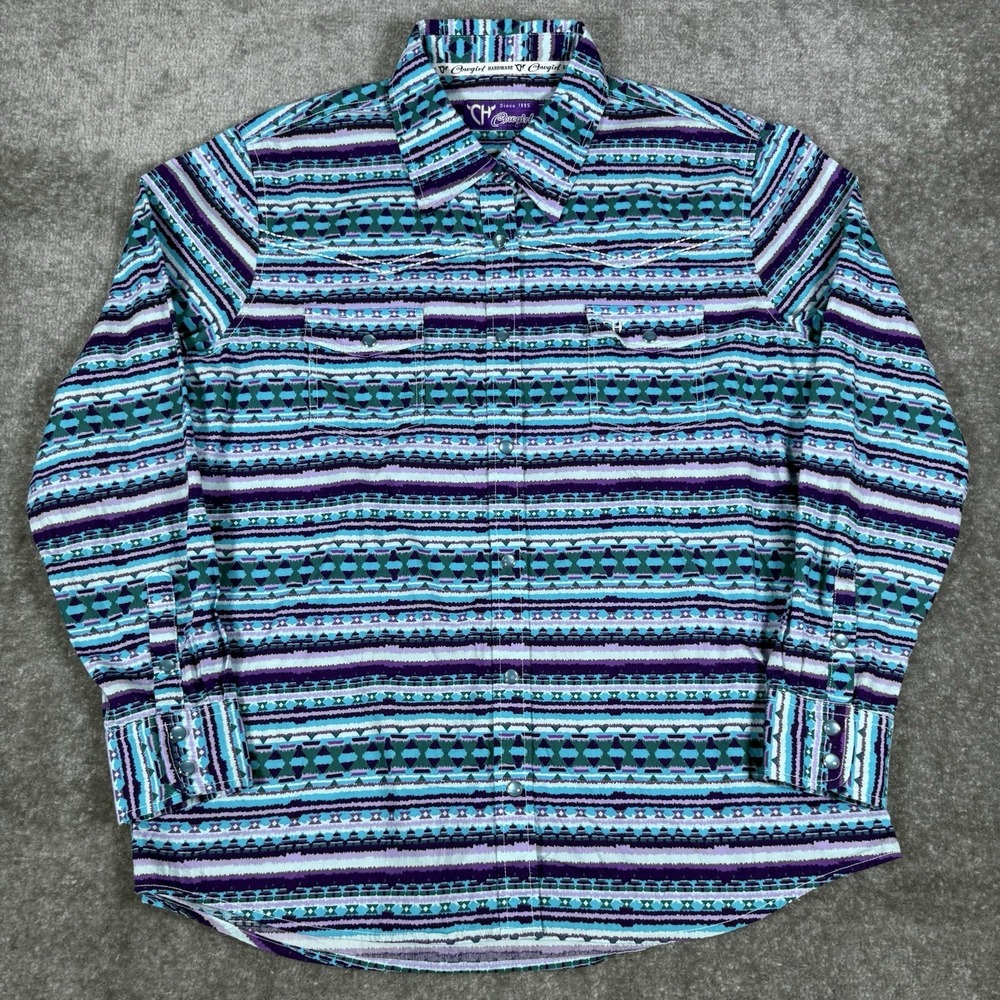 Cowgirl Hardware‎ Shirt Women's Large Teal Purple Long Sleeve Aztec Geometric